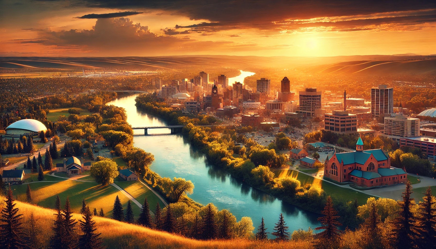 Red Deer Rehab skyline view at sunset